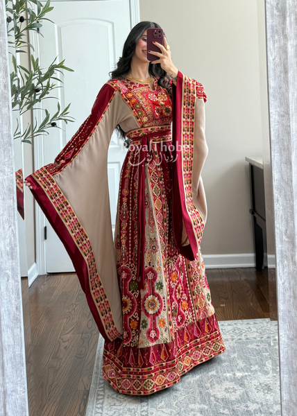 Dark Red/Beige Satin Maleka Full Embroidered Thobe