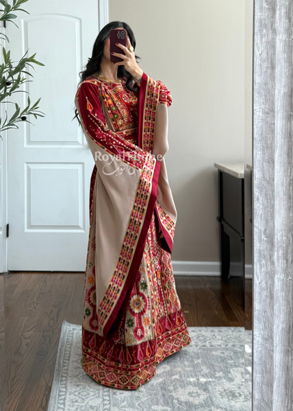 Dark Red/Beige Satin Maleka Full Embroidered Thobe