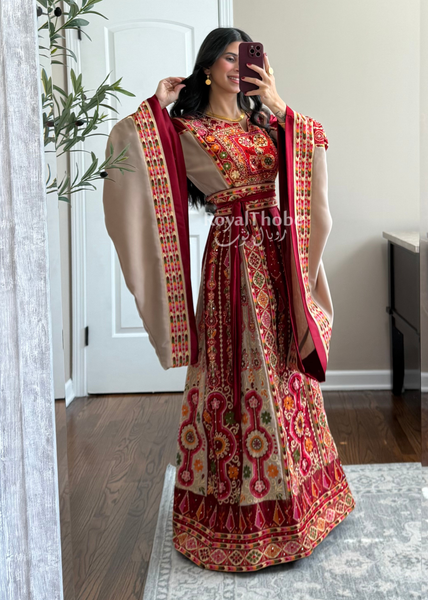 Dark Red/Beige Satin Maleka Full Embroidered Thobe