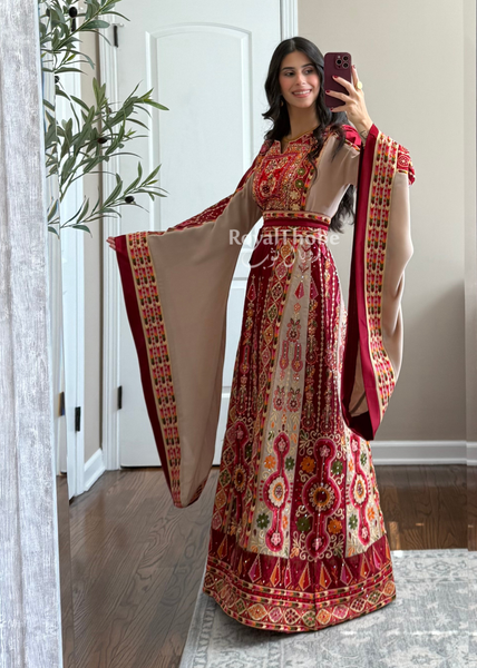 Dark Red/Beige Satin Maleka Full Embroidered Thobe