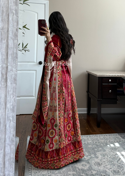 Dark Red/Beige Satin Maleka Full Embroidered Thobe