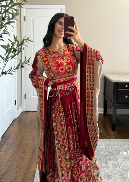 Dark Red/Beige Satin Maleka Full Embroidered Thobe