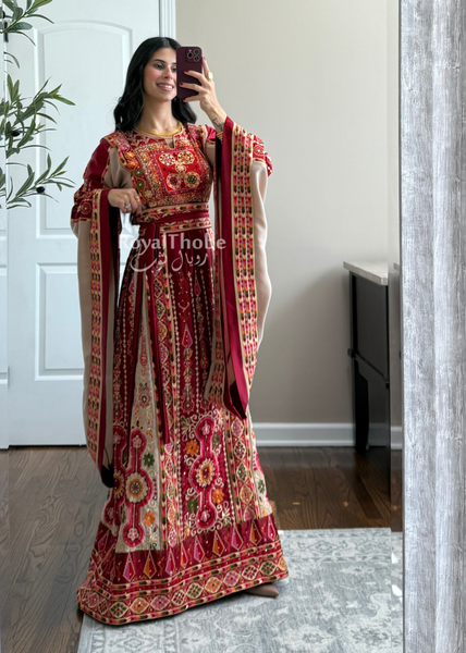 Dark Red/Beige Satin Maleka Full Embroidered Thobe