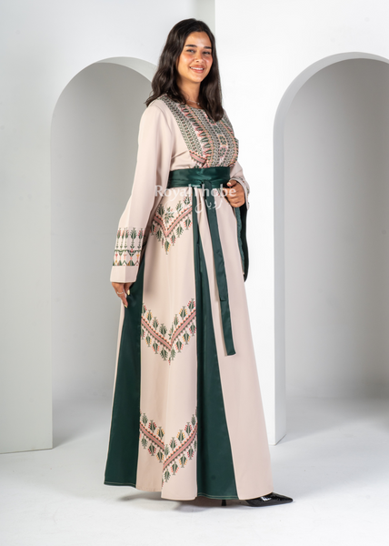 Beige/Olive Green Simple Long Full Embroidered Thobe