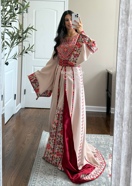 Bridal Beige/Burgundy Warda Full Embroidered Thobe