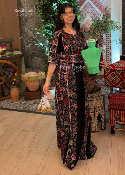 Black/Olive Green Floral Long Full Embroidered Thobe.