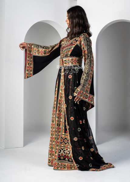 Black/ Gold Floral Diamond Traditional Long Full Embroidered Thobe