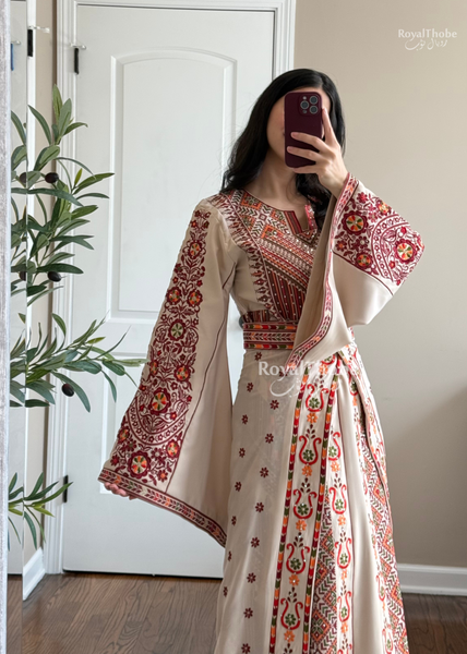 Bridal Floral Beige/ Burgundy Modern Thobe With Attached Skirt And Matching Shaleh