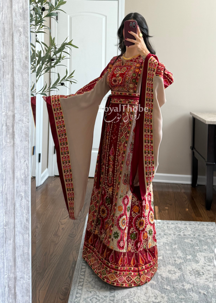 Dark Red/Beige Satin Maleka Full Embroidered Thobe