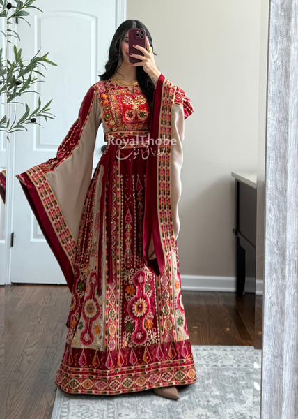 Dark Red/Beige Satin Maleka Full Embroidered Thobe