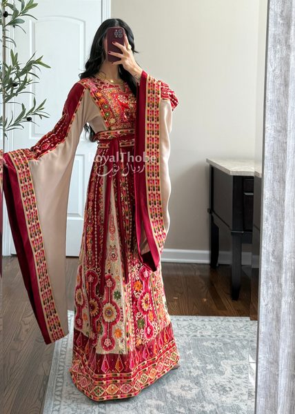 Dark Red/Beige Satin Maleka Full Embroidered Thobe