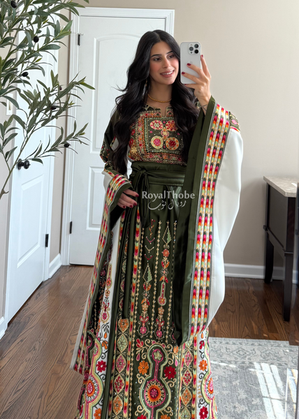 Olive Green/White Satin Maleka Full Embroidered Thobe
