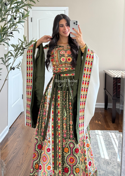 Olive Green/White Satin Maleka Full Embroidered Thobe