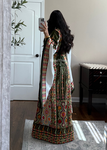 Olive Green/White Satin Maleka Full Embroidered Thobe