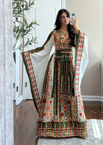 Olive Green/White Satin Maleka Full Embroidered Thobe