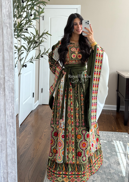Olive Green/White Satin Maleka Full Embroidered Thobe