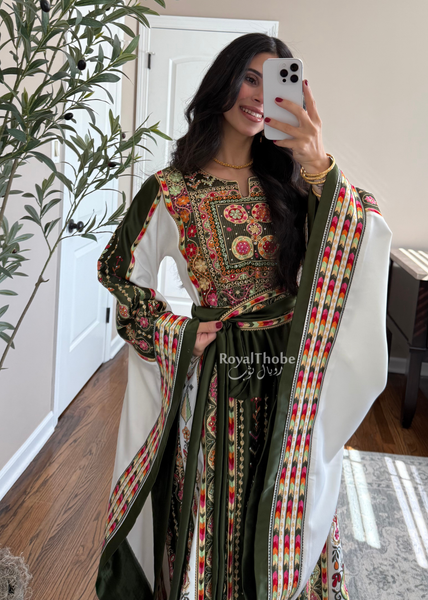 Olive Green/White Satin Maleka Full Embroidered Thobe