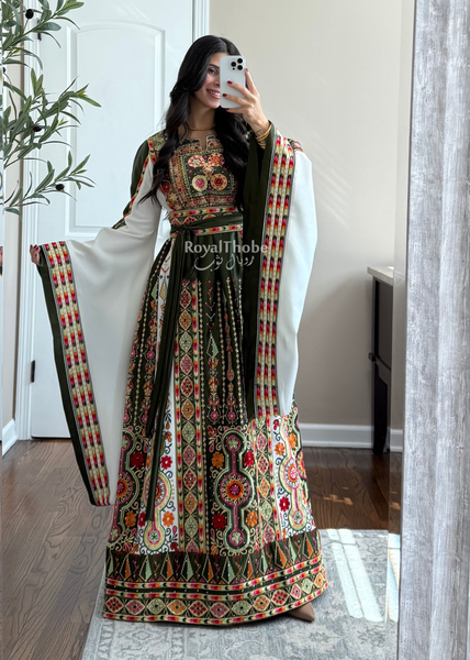 Olive Green/White Satin Maleka Full Embroidered Thobe
