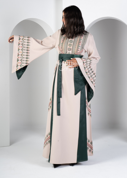 Beige/Olive Green Simple Long Full Embroidered Thobe