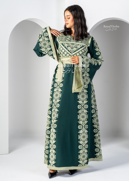 Olive & Mint Green Floral Long Full Embroidered Thobe