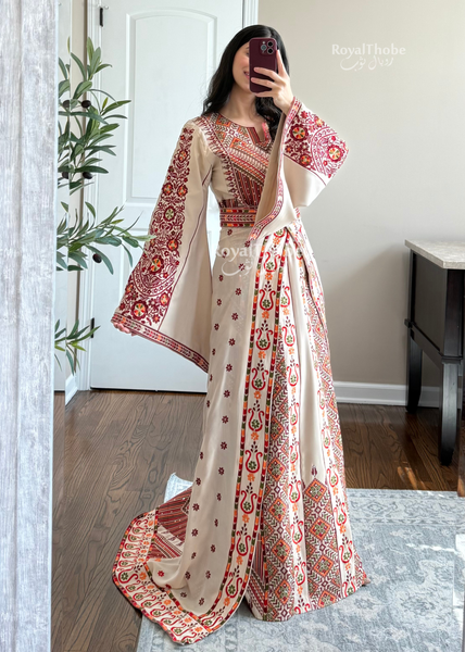 Bridal Floral Beige/ Burgundy Modern Thobe With Attached Skirt And Matching Shaleh