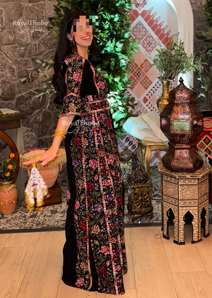 Black/Olive Green Floral Long Full Embroidered Thobe.