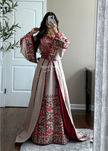Bridal Beige/Burgundy Warda Full Embroidered Thobe
