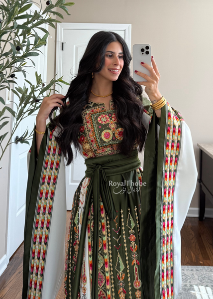 Olive Green/White Satin Maleka Full Embroidered Thobe