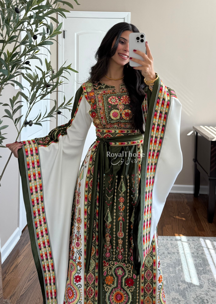 Olive Green/White Satin Maleka Full Embroidered Thobe