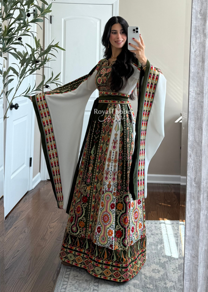 Olive Green/White Satin Maleka Full Embroidered Thobe