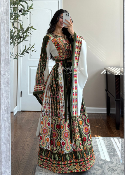Olive Green/White Satin Maleka Full Embroidered Thobe