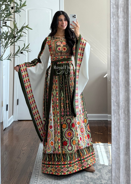 Olive Green/White Satin Maleka Full Embroidered Thobe