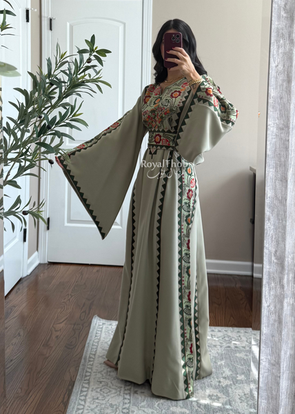 Sage/Olive Green Simple Floral Long Embroidered Thobe/Dress