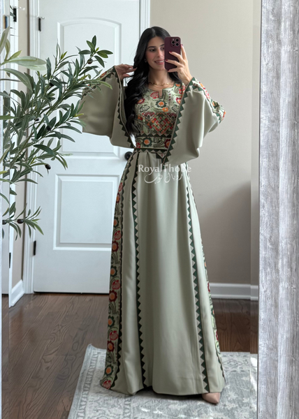 Sage/Olive Green Simple Floral Long Embroidered Thobe/Dress