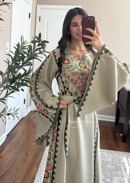 Sage/Olive Green Simple Floral Long Embroidered Thobe/Dress
