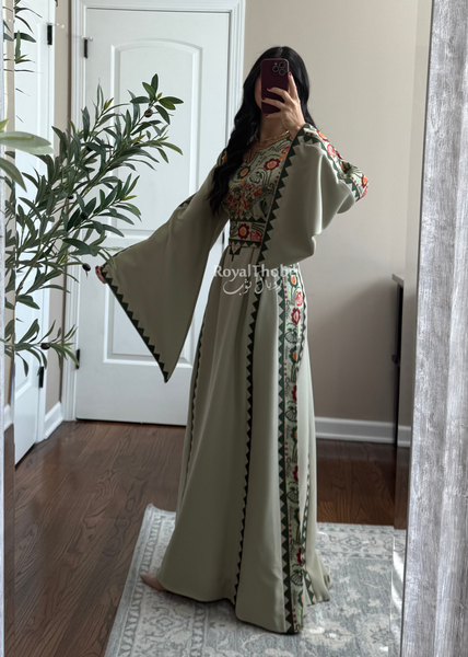 Sage/Olive Green Simple Floral Long Embroidered Thobe/Dress