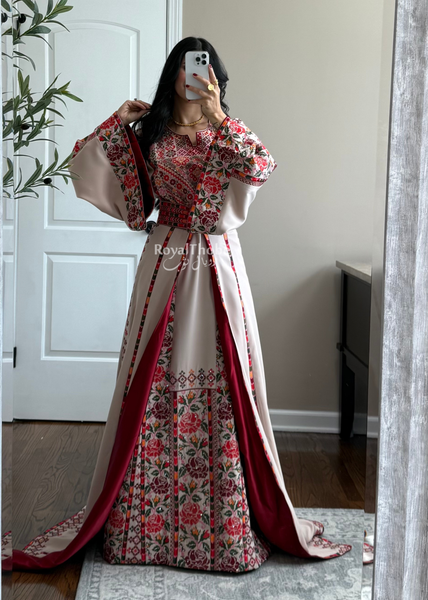 Bridal Beige/Burgundy Warda Full Embroidered Thobe