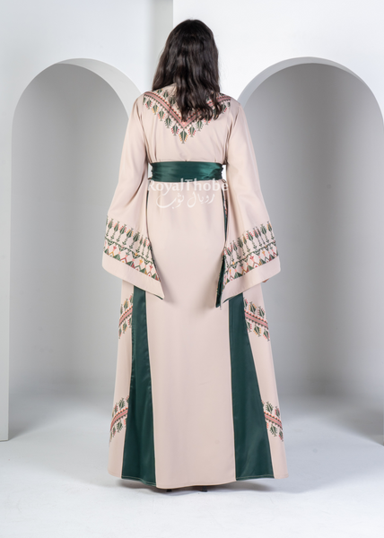 Beige/Olive Green Simple Long Full Embroidered Thobe