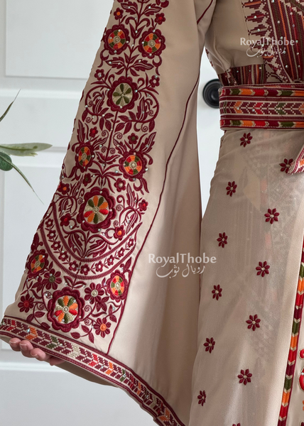 Bridal Floral Beige/ Burgundy Modern Thobe With Attached Skirt And Matching Shaleh