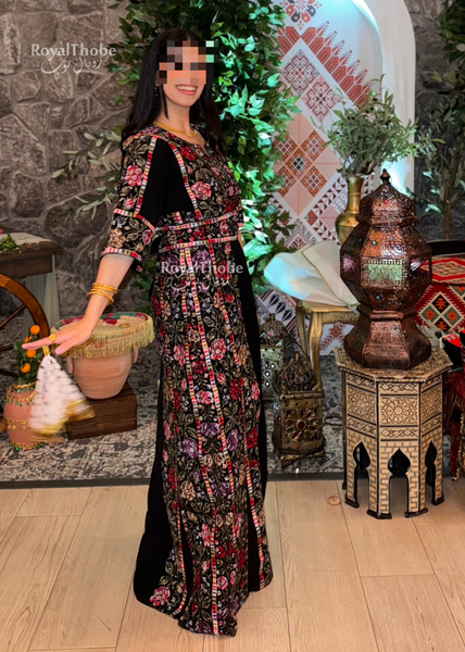 Black/Olive Green Floral Long Full Embroidered Thobe.