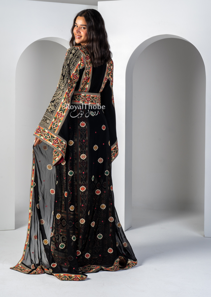 Black/ Gold Floral Diamond Traditional Long Full Embroidered Thobe