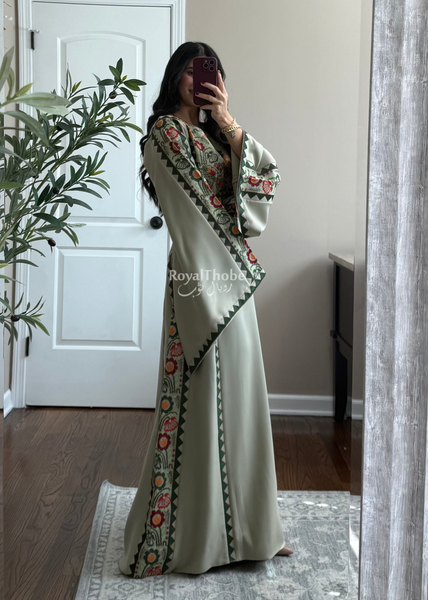 Sage/Olive Green Simple Floral Long Embroidered Thobe/Dress