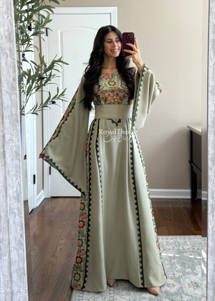 Sage/Olive Green Simple Floral Long Embroidered Thobe/Dress