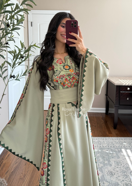 Sage/Olive Green Simple Floral Long Embroidered Thobe/Dress