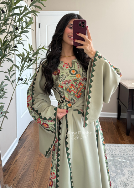 Sage/Olive Green Simple Floral Long Embroidered Thobe/Dress