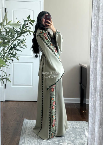 Sage/Olive Green Simple Floral Long Embroidered Thobe/Dress