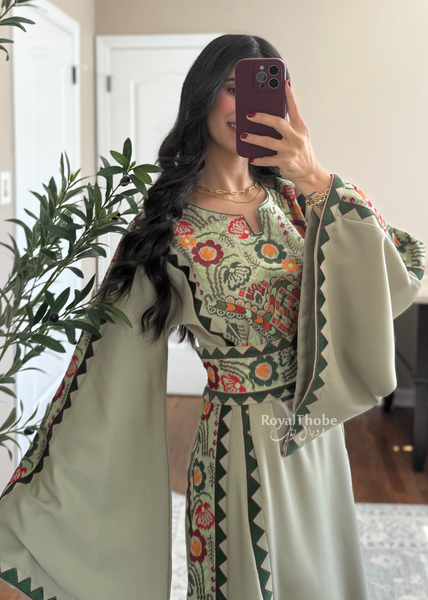 Sage/Olive Green Simple Floral Long Embroidered Thobe/Dress
