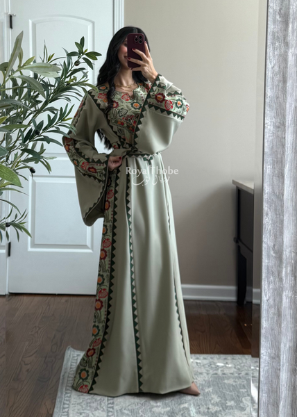 Sage/Olive Green Simple Floral Long Embroidered Thobe/Dress