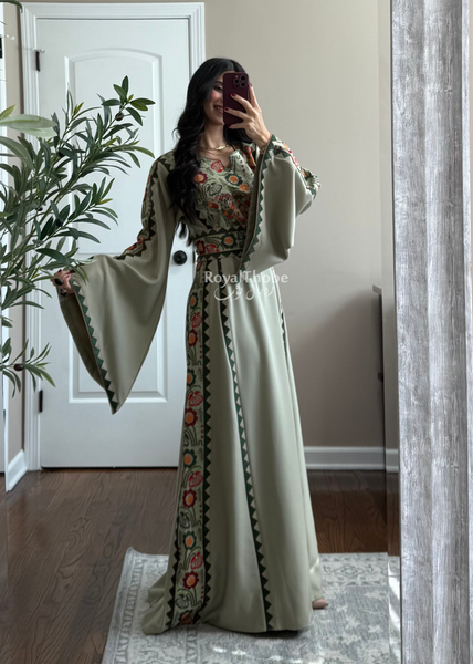 Sage/Olive Green Simple Floral Long Embroidered Thobe/Dress