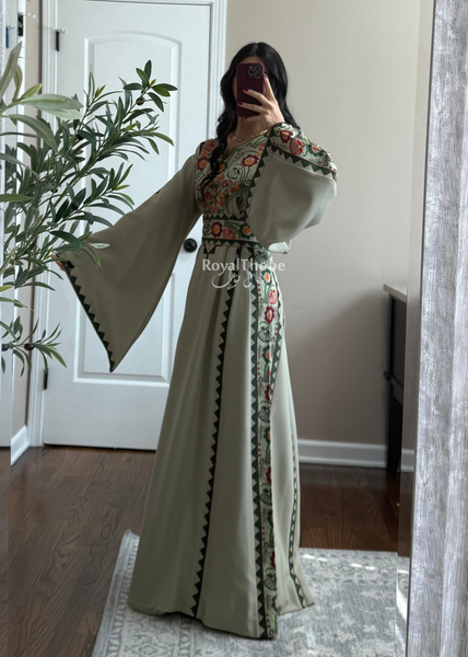Sage/Olive Green Simple Floral Long Embroidered Thobe/Dress